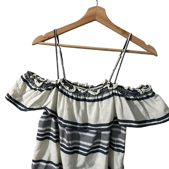 Splendid Cold Off Shoulder Blouse Large XL Striped Navy Ivory Ruffle Top Peasant - Picture 3 of 12